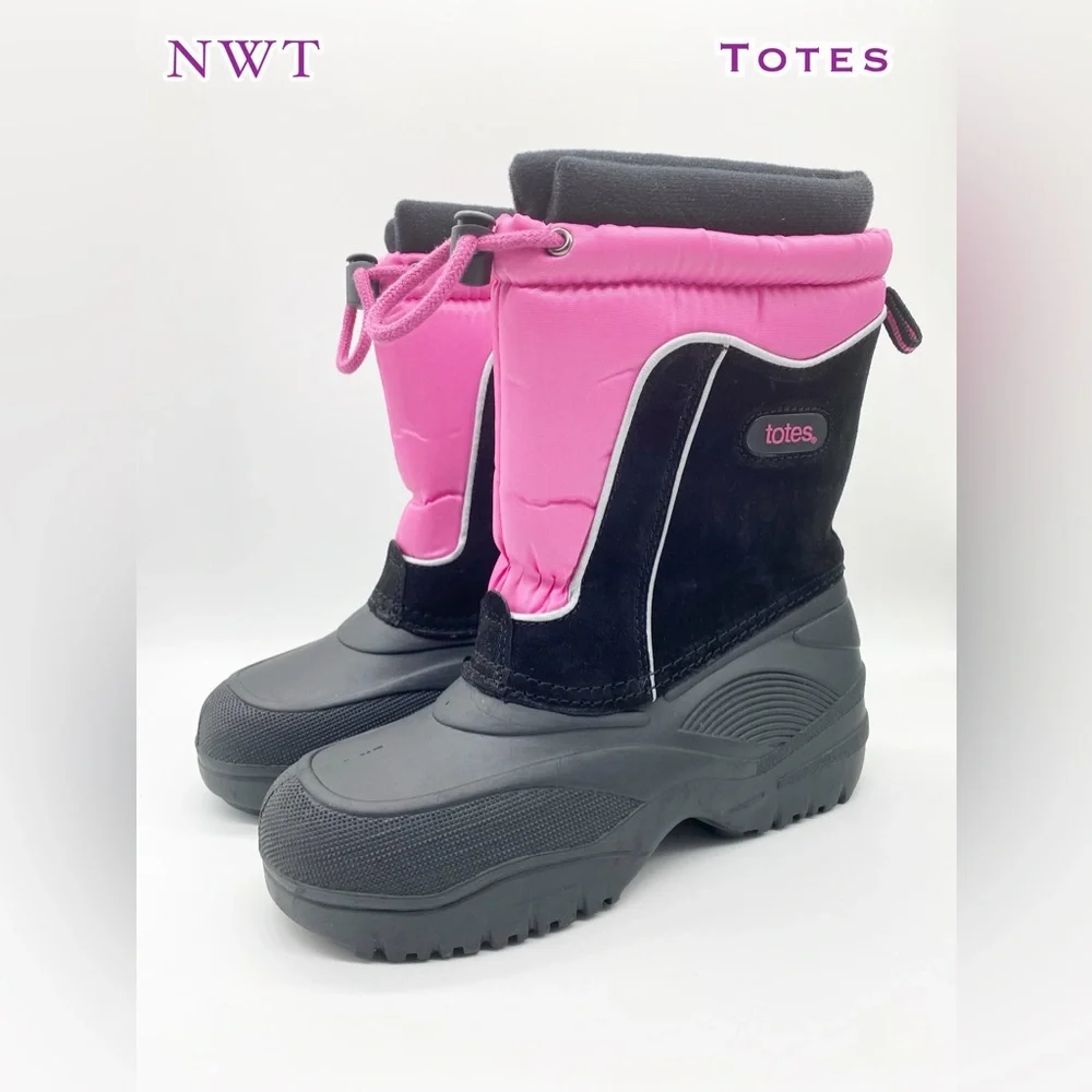 NWT-Totes Black n Pink Leather Fabric Upper All Weather Boot 6 - Picture 1 of 7